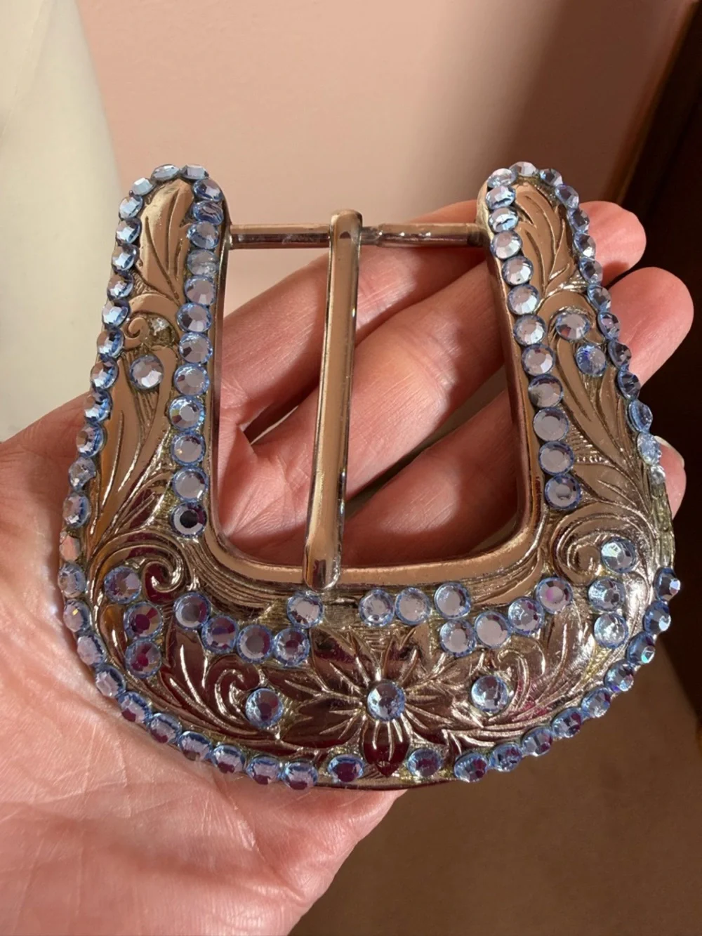 B.B. Simon Blue crystal Etched Silver Metal Oversized Western Belt Buckle